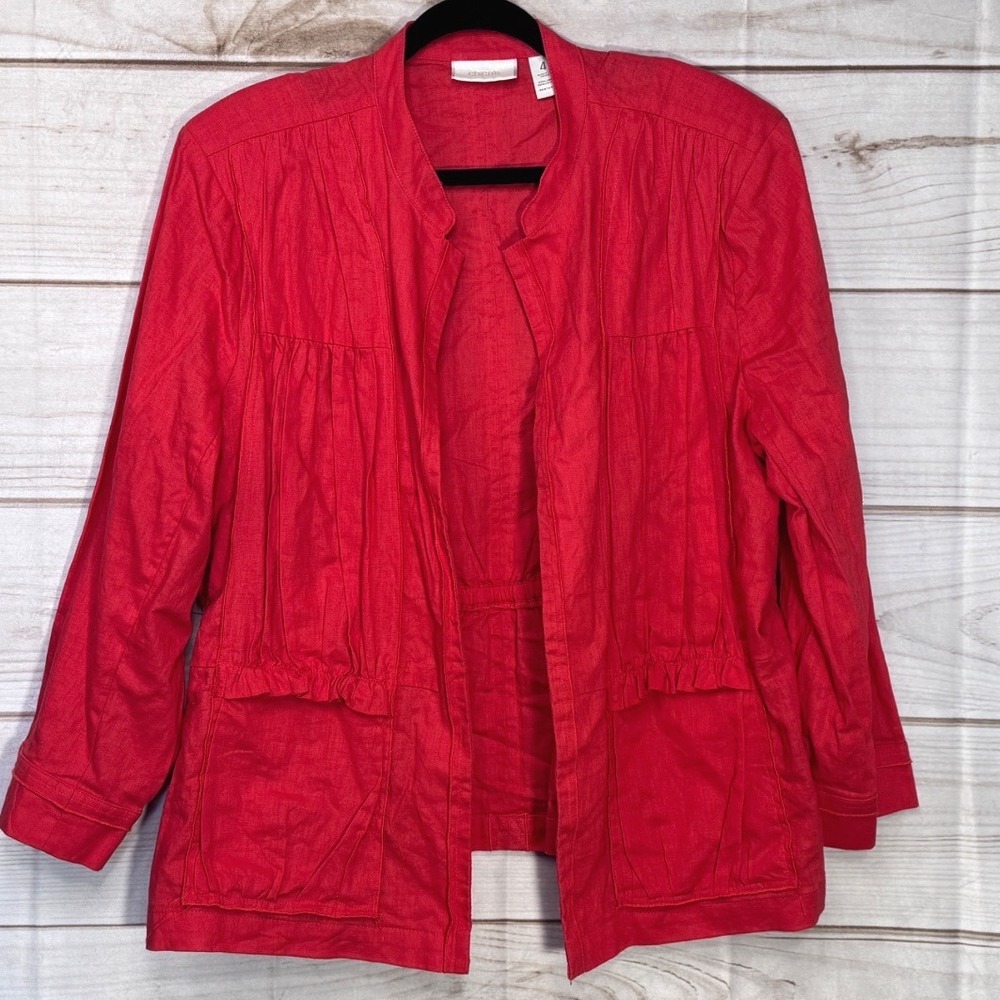 Chicos Coral Linen Blend Open Front Jacket Mandarin Collar Pockets Sz 4 (XXL)